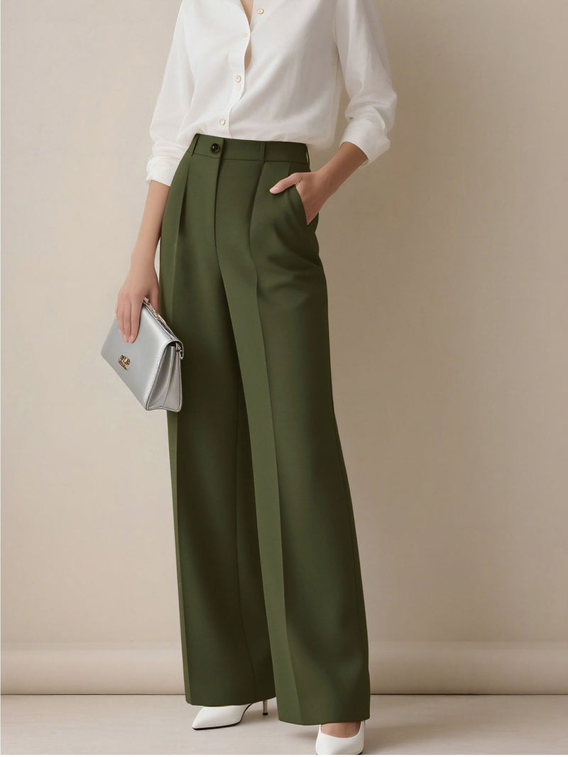 Margot Pleated Wide-Leg Trousers — Army Green