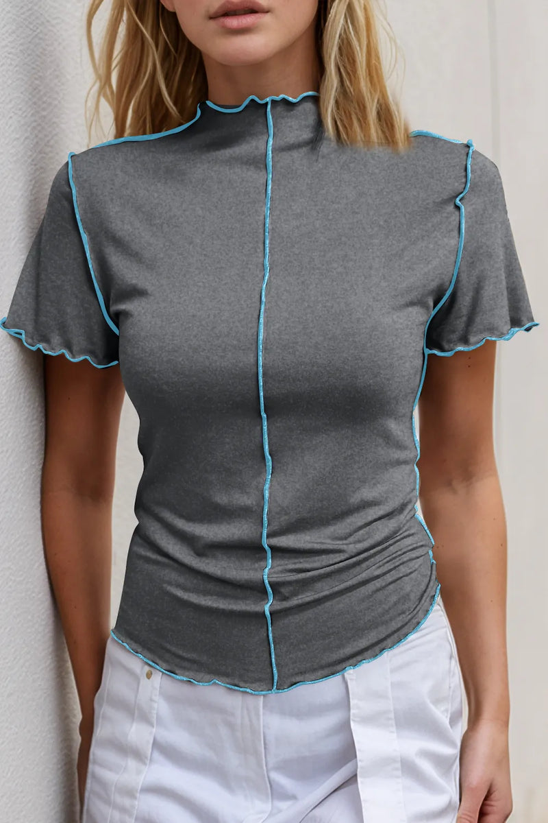 Basic Bae Contrast Trim Mock Neck Short Sleeve T-Shirt | Hazel & June Dark Gray