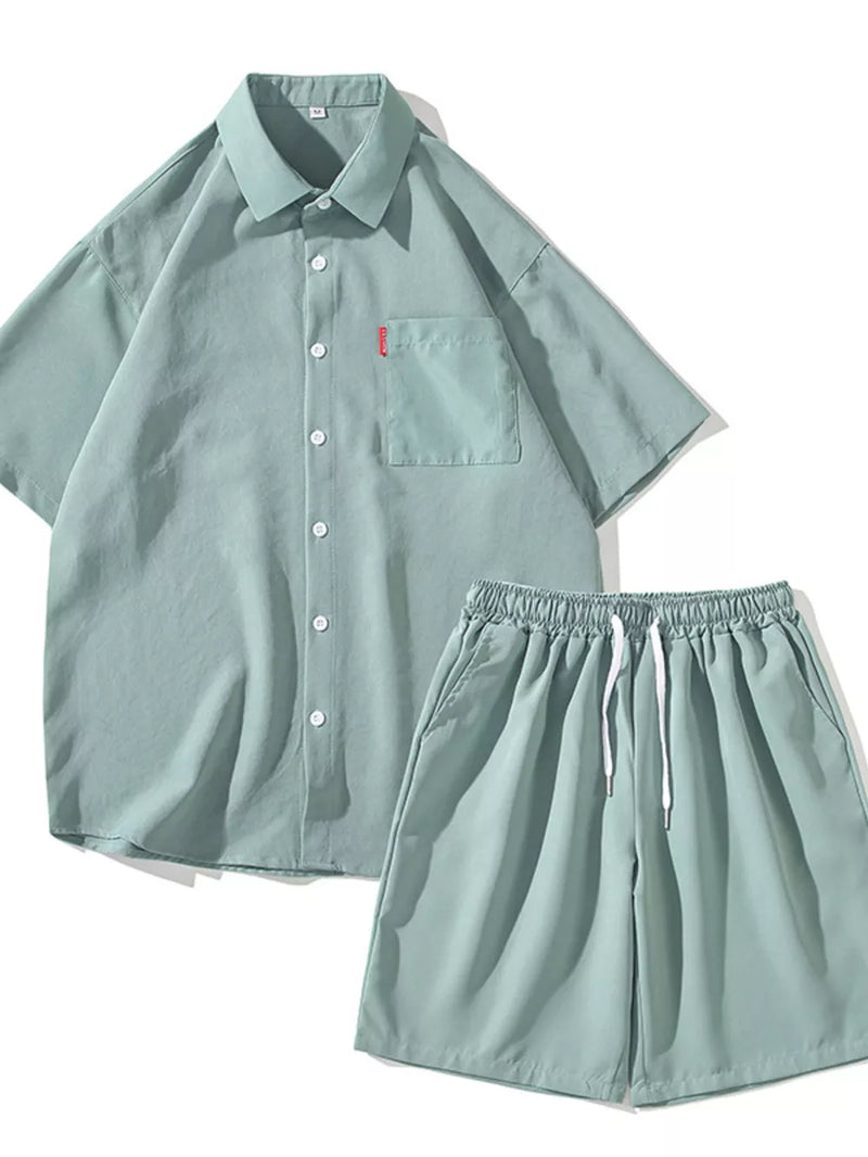 Men's Plus Size Casual Solid Color Shirt & Shorts Set 4