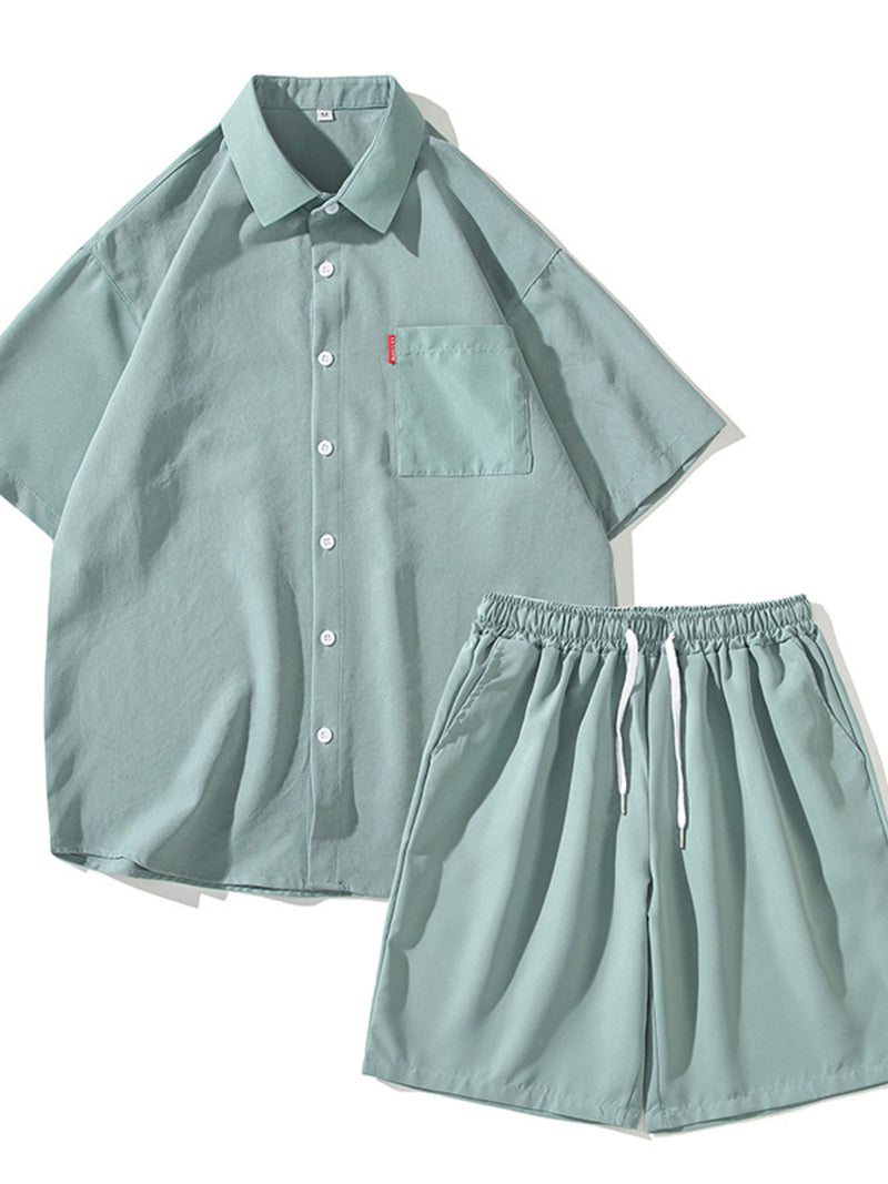 Men's Plus Size Casual Solid Color Shirt & Shorts Set | Hazel & June Sage