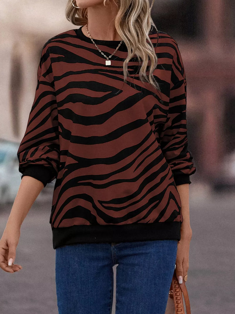 Zebra Print Round Neck Casual Sweatshirt 7