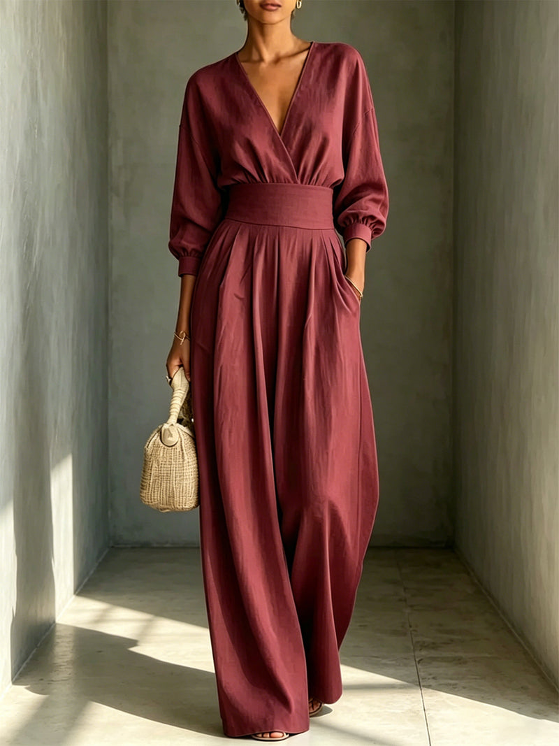 Fitted V-Neck Long-Sleeve Jumpsuit — Wine Red