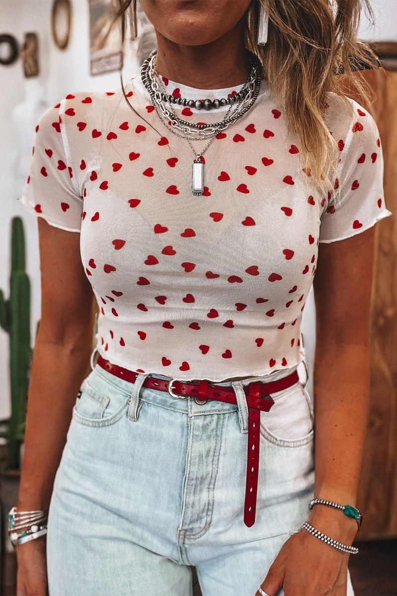 Sheer Heart Print Fitted Top | Hazel & June White
