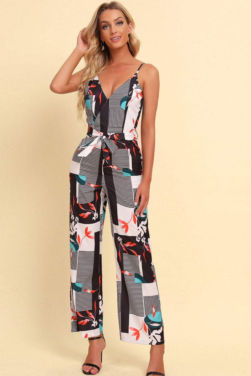 Printed Spaghetti Strap Tied Jumpsuit | Hazel & June