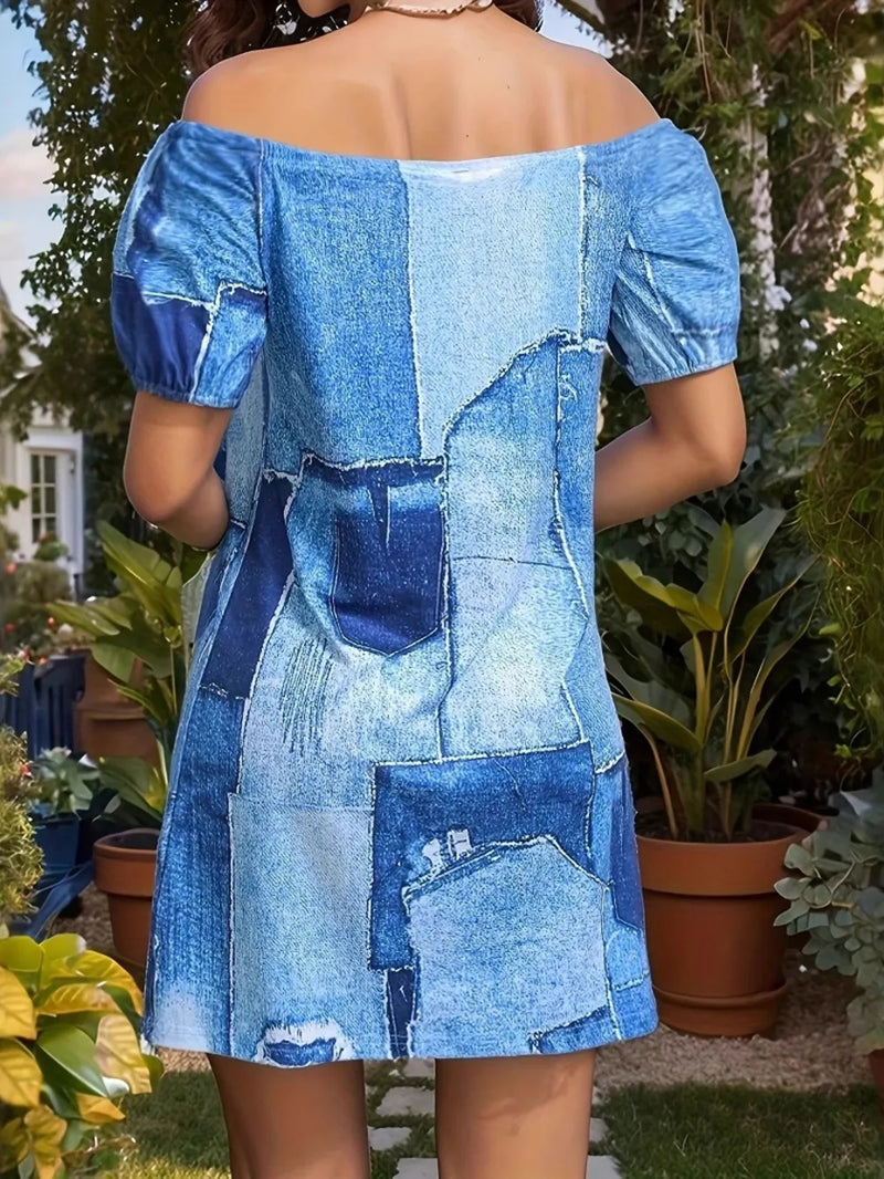 Patchwork Off Shoulder Denim Mini Dress 3