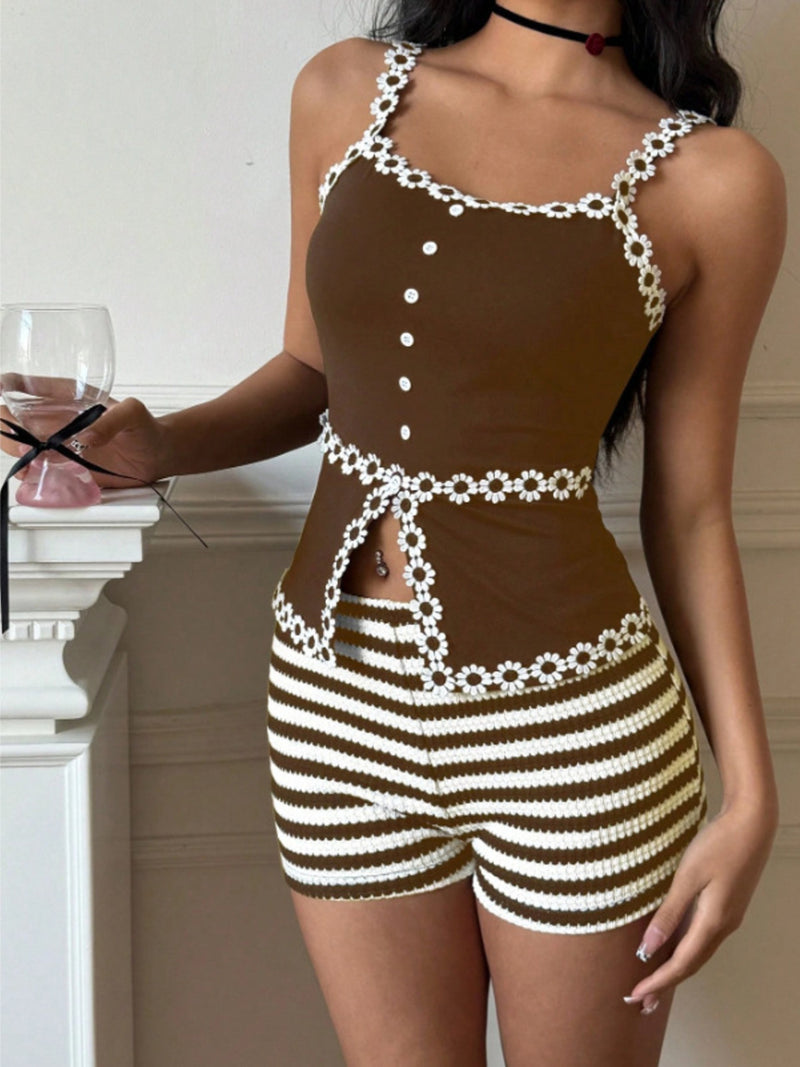 Striped High Waist Knit Shorts | Hazel & June Coffee Brown