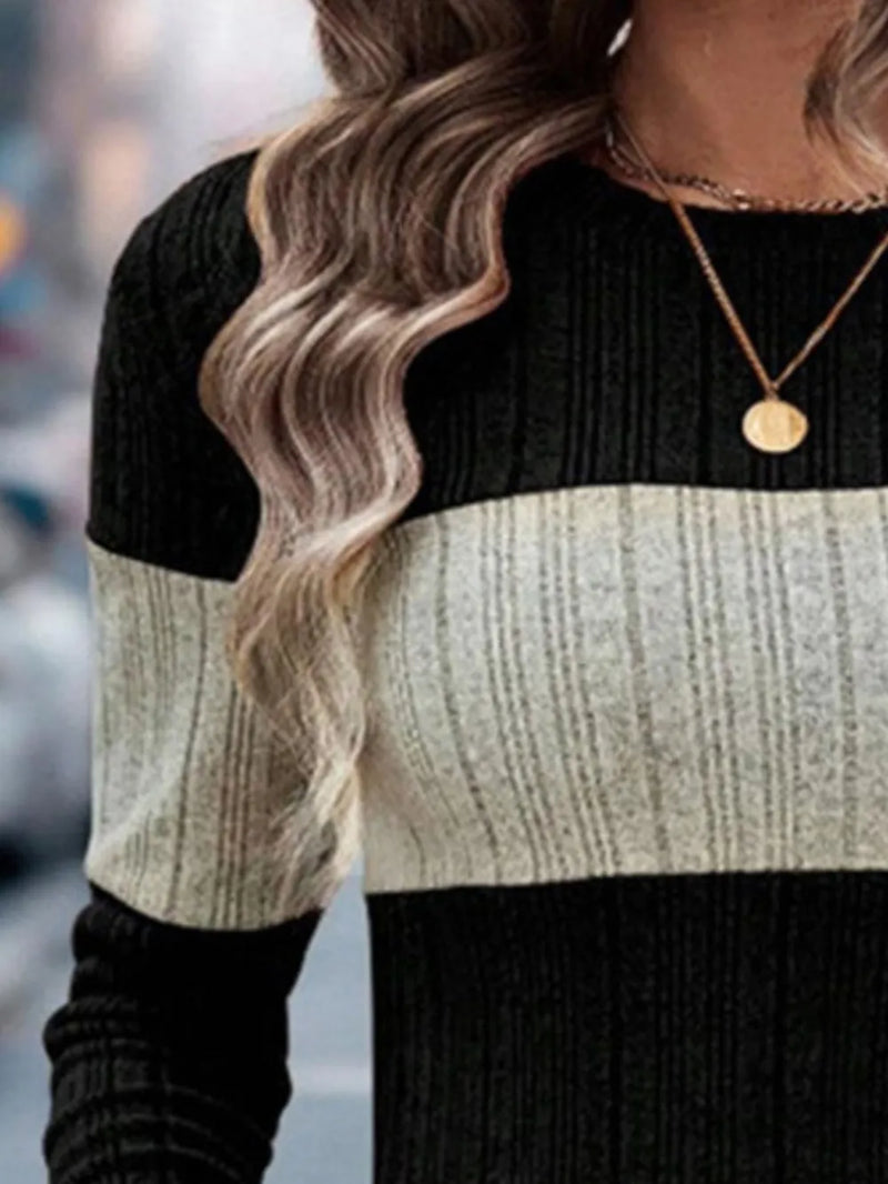Color Block Round Neck Long Sleeve Sweater 5