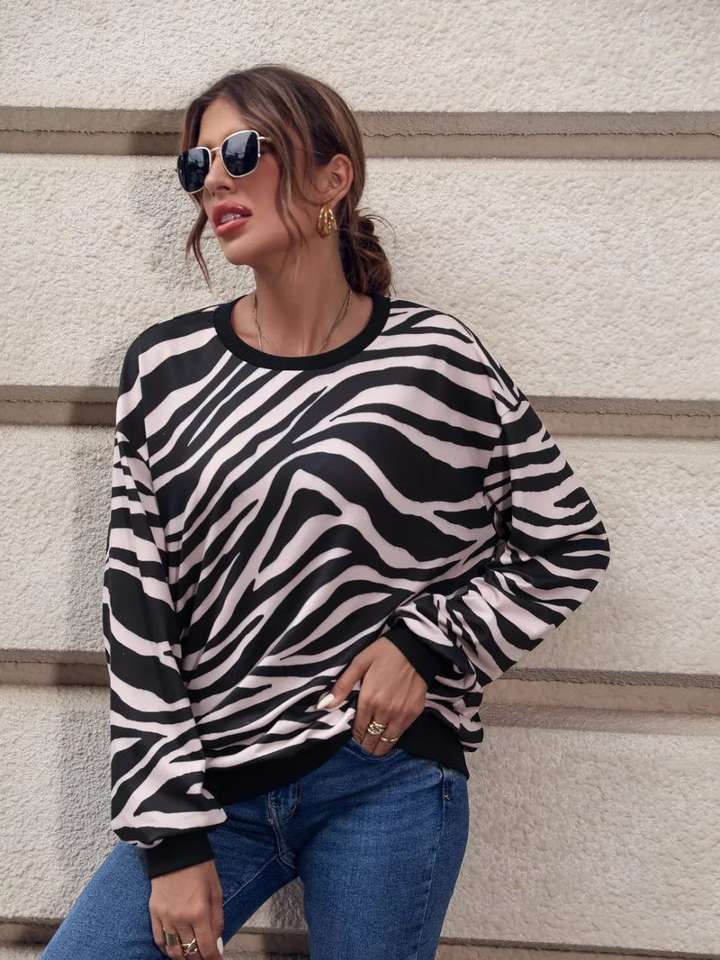 Zebra Print Round Neck Casual Sweatshirt 5
