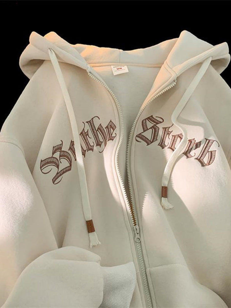 Men's Plus Size Letter Zip Up Drawstring Hoodie 3