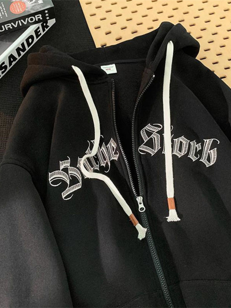 Men's Plus Size Letter Zip Up Drawstring Hoodie 5