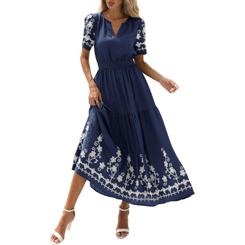 Wildflower Embroidered Midi Dress — Navy Blue