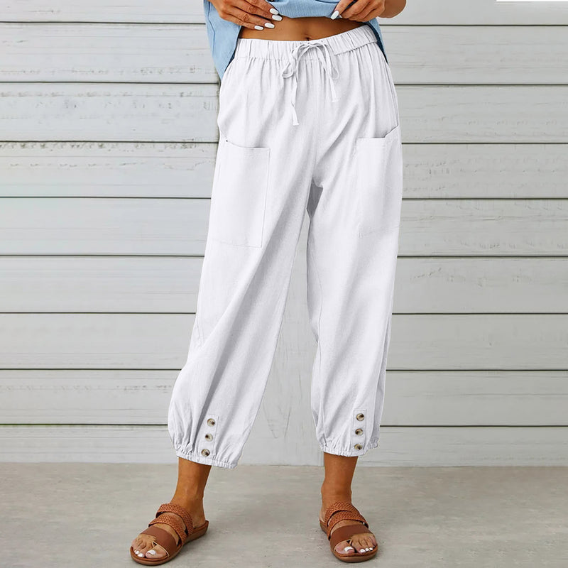 Isla Drawstring Linen-Look Pants — White