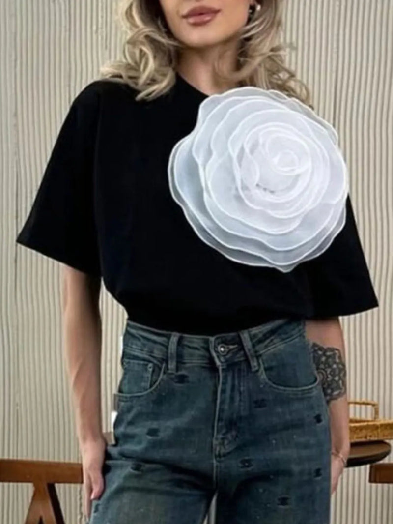Flower Round Neck Short Sleeve T-Shirt 5