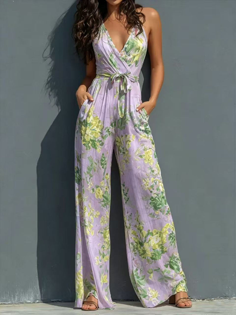 Floral Wide-Leg Belted Jumpsuit — Light Purple Yellow