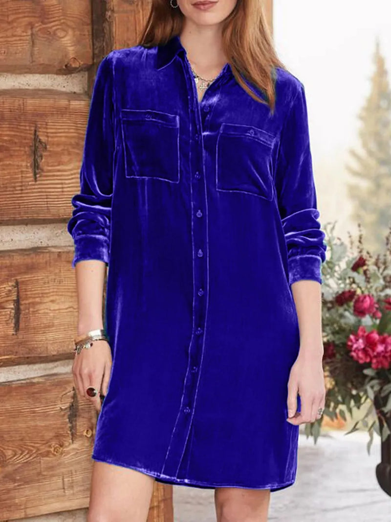 High-Low Button Up Long Sleeve Knee Length Dress 5