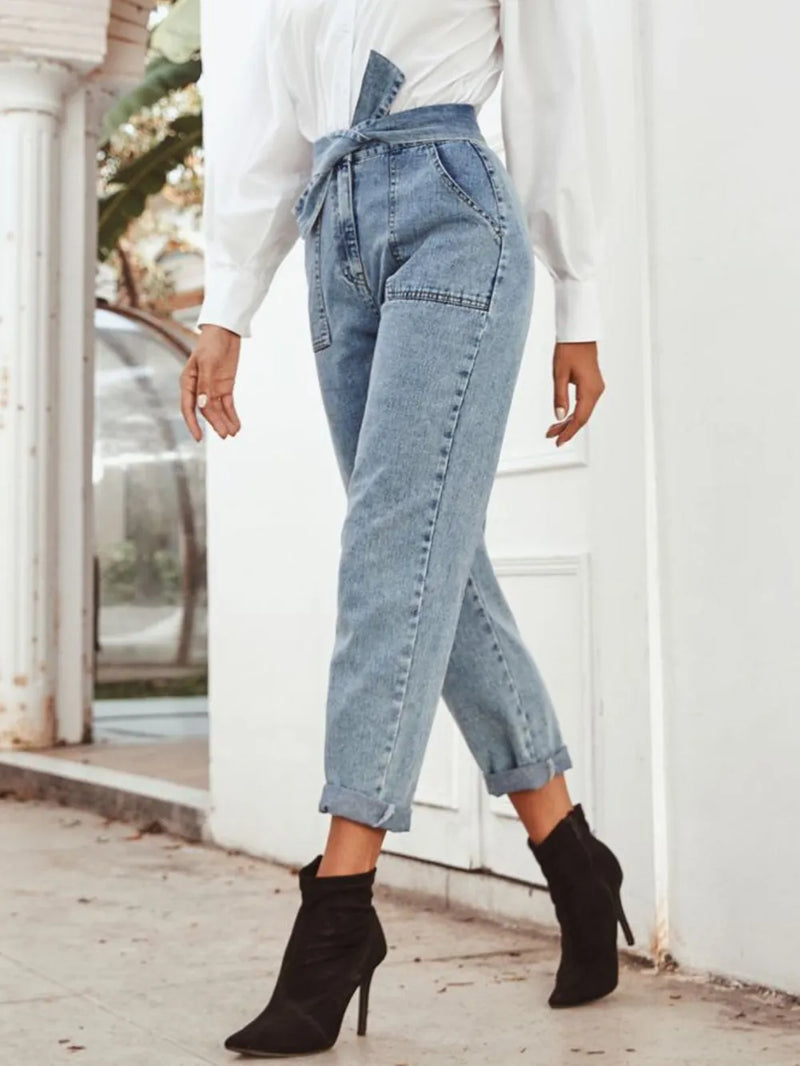 Tied Straight Leg Jeans with Pockets 4