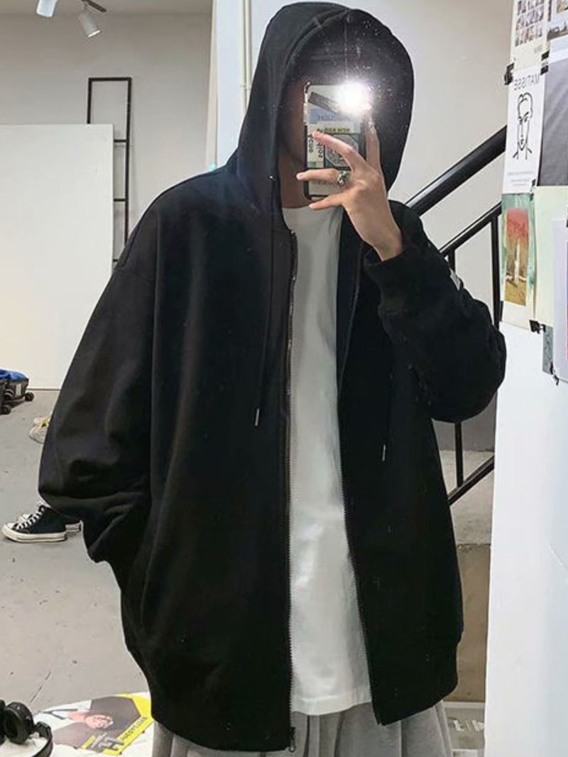 Men's Plus Size Casual Solid Color Zip-Up Hoodie Black