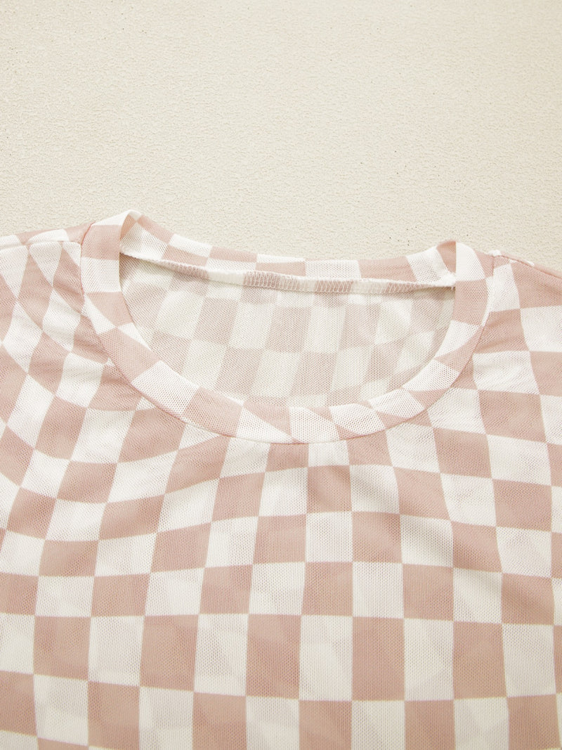 heckered Print Crew Neck Mesh T Shirt 8