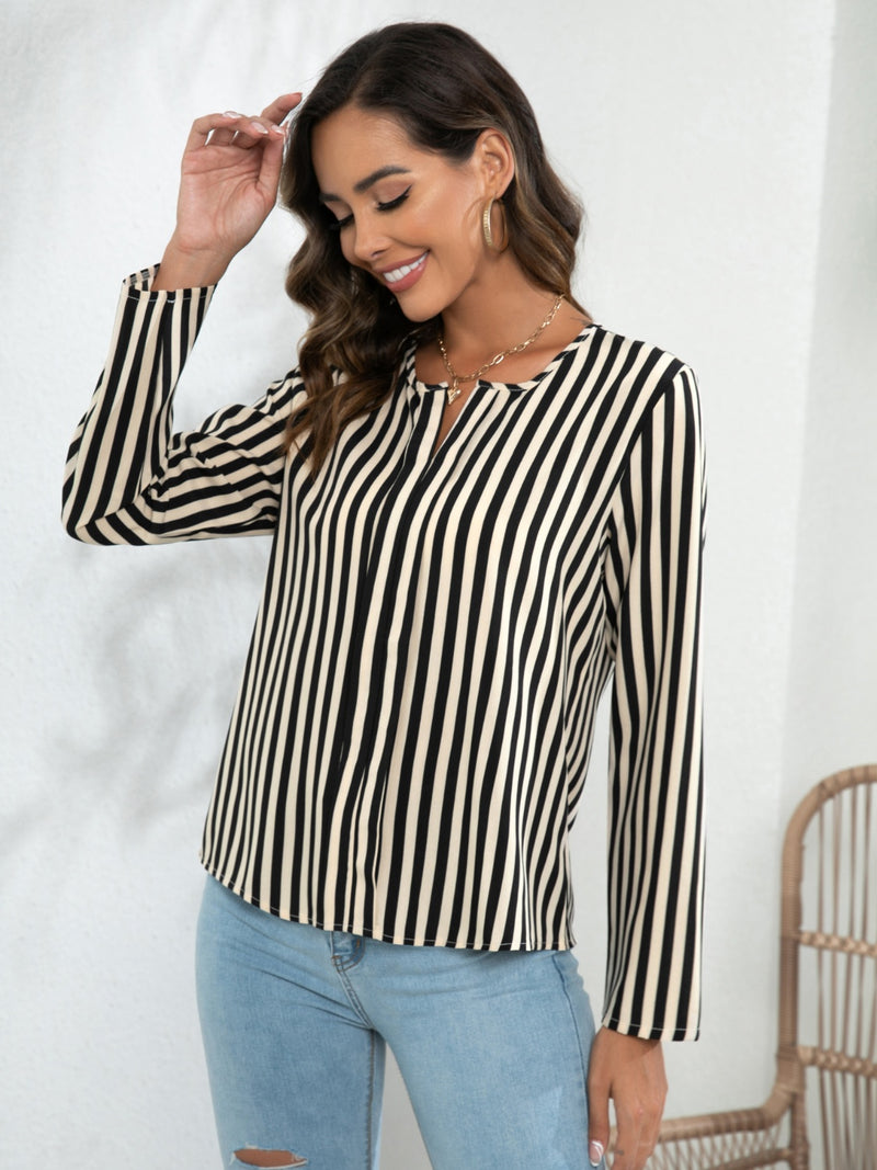 Striped Long Sleeve Notched Blouse 8