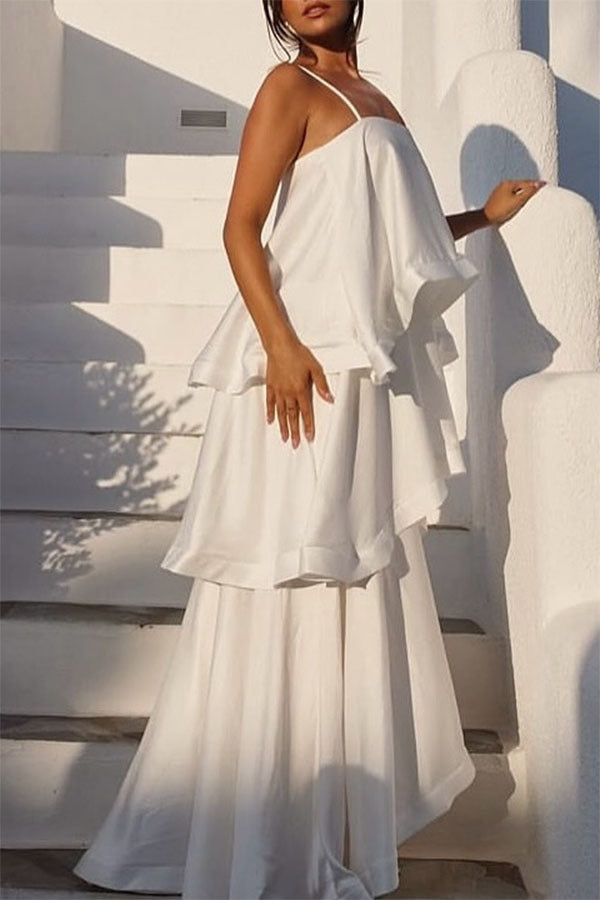 Saona Tiered Satin Maxi Dress — White