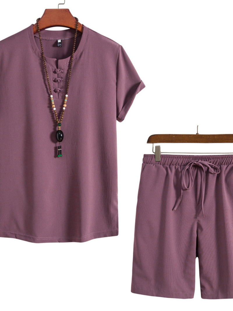 Men's Plus Size Mandarin Collar Short Sleeve Shirt and Shorts Set | Hazel & June Plum Purple