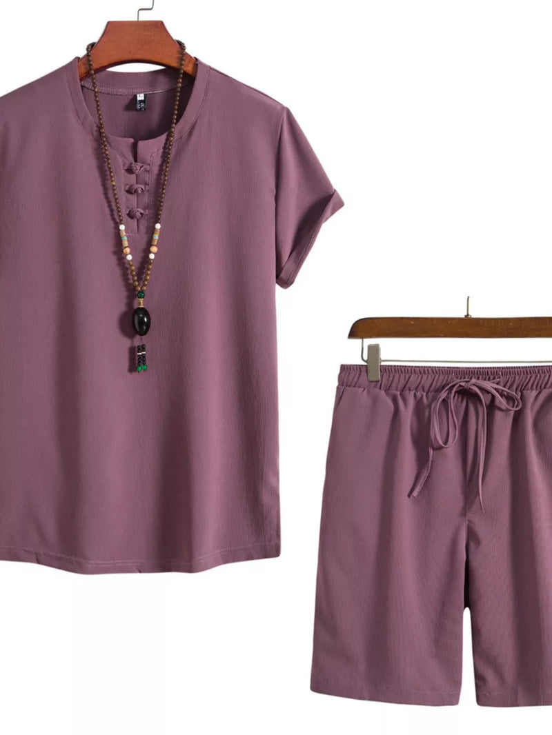 Men's Plus Size Mandarin Collar Short Sleeve Shirt and Shorts Set 2