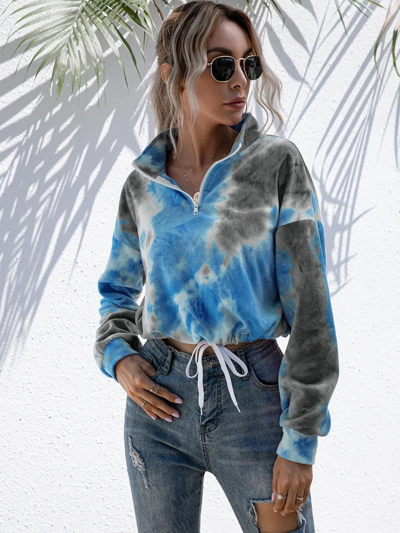 Ivy Lane Tie-Dye Quarter Zip Dropped Shoulder Sweatshirt | Hazel & June Dark Gray