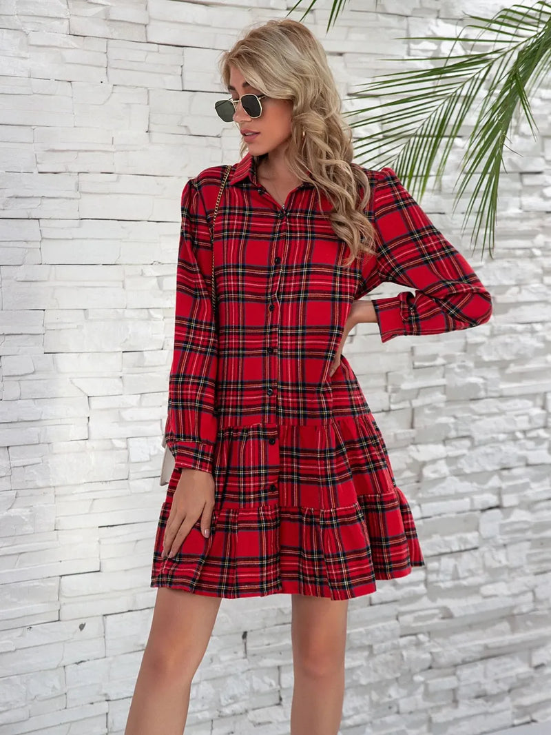 Ruffle Hem Plaid Button Down Long Sleeve Dress 4