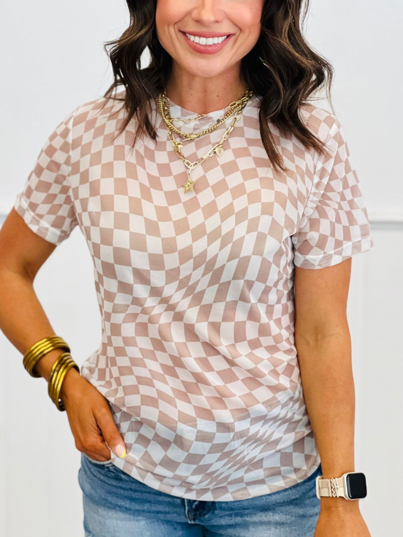 heckered Print Crew Neck Mesh T Shirt 4