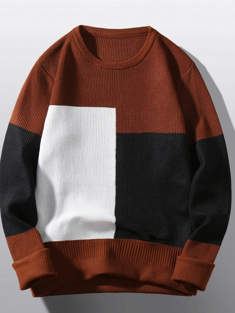 Men's Plus Size Color Block Round Neck Sweater Coffee