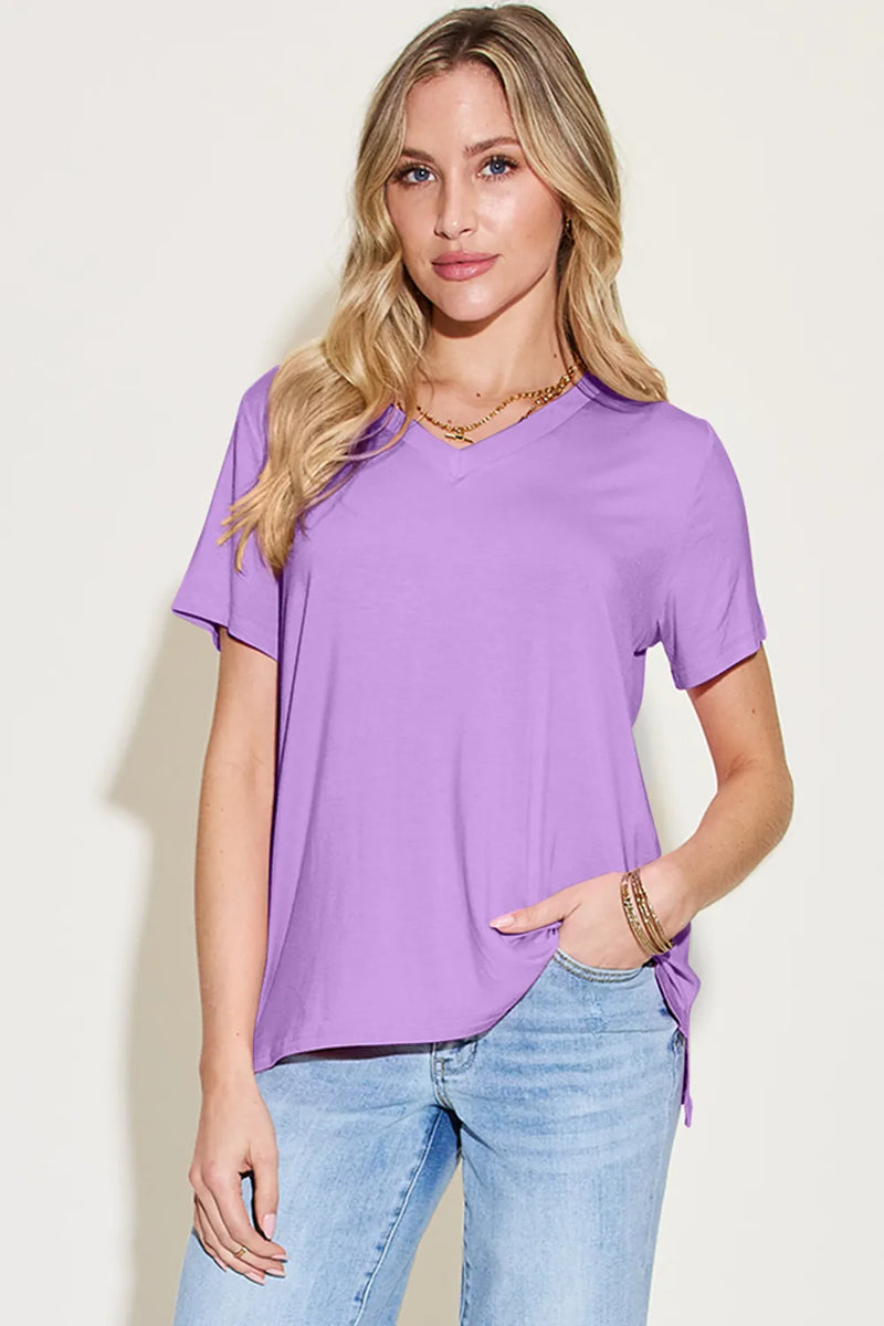 Basic Bae Bamboo Full Size V-Neck High-Low T-Shirt | Hazel & June Lavender