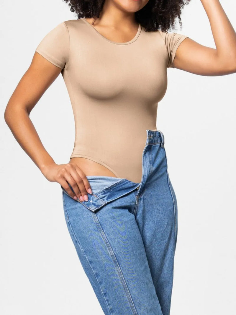 Full Size Round Neck Short Sleeve Bodysuit | Hazel & June Tan