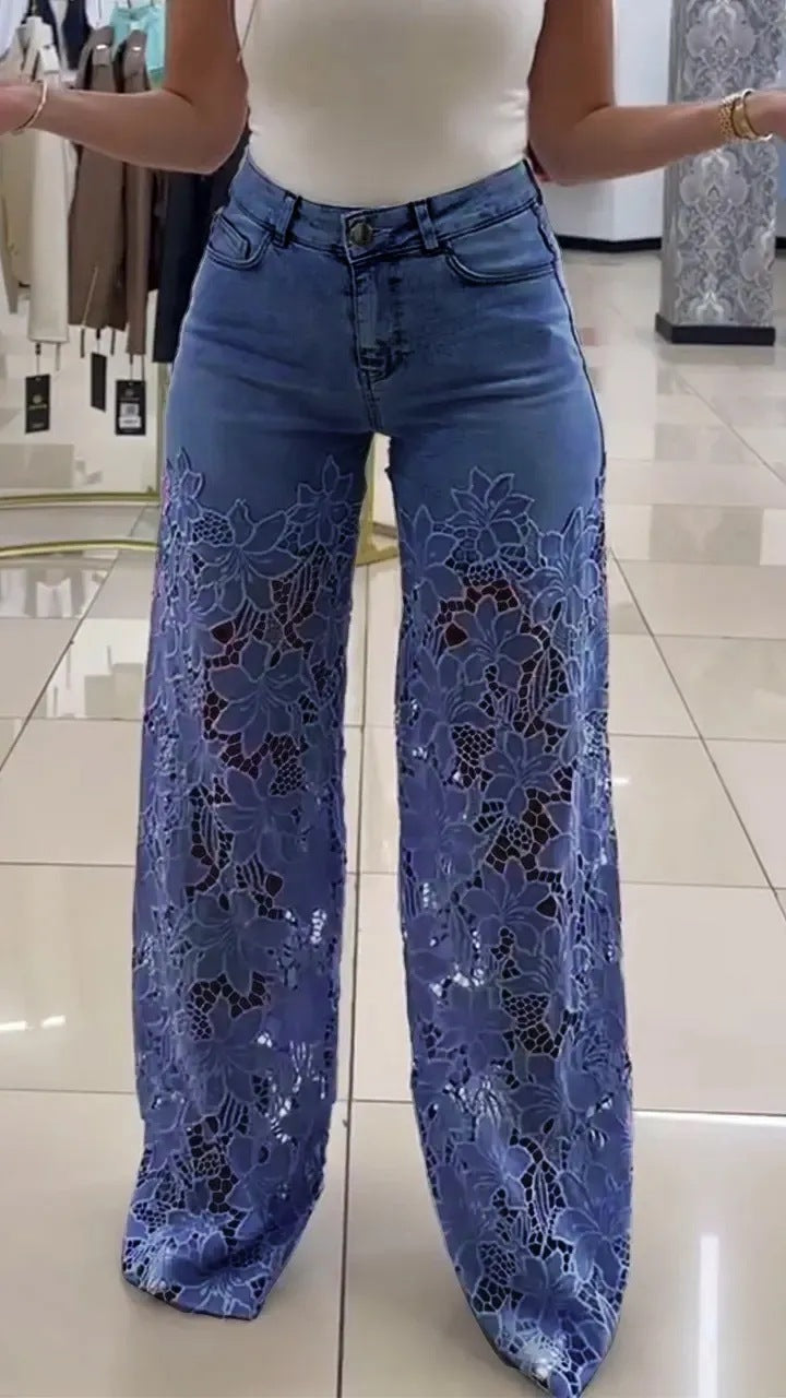 Elara Lace Flower Wide Leg Jeans — Dark Blue