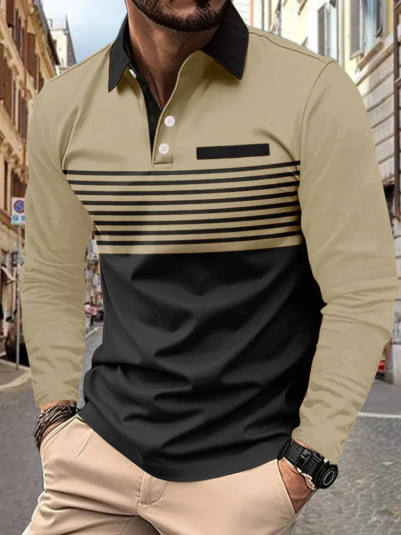 Men's Full Size Collared Neck Long Sleeve Striped Polo Plus Size 7