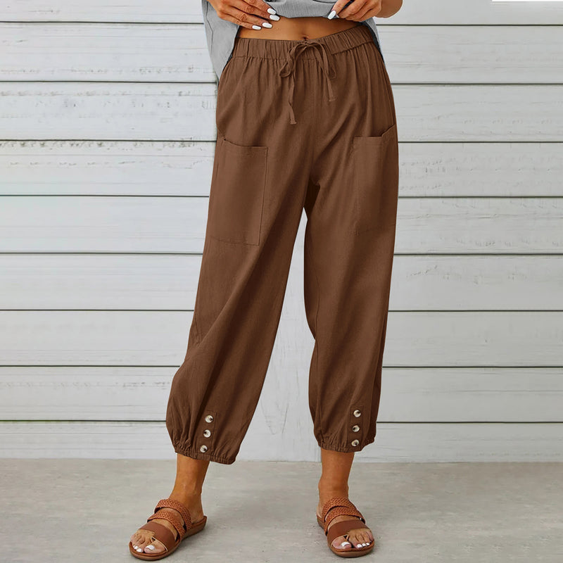 Isla Drawstring Linen-Look Pants — Brown