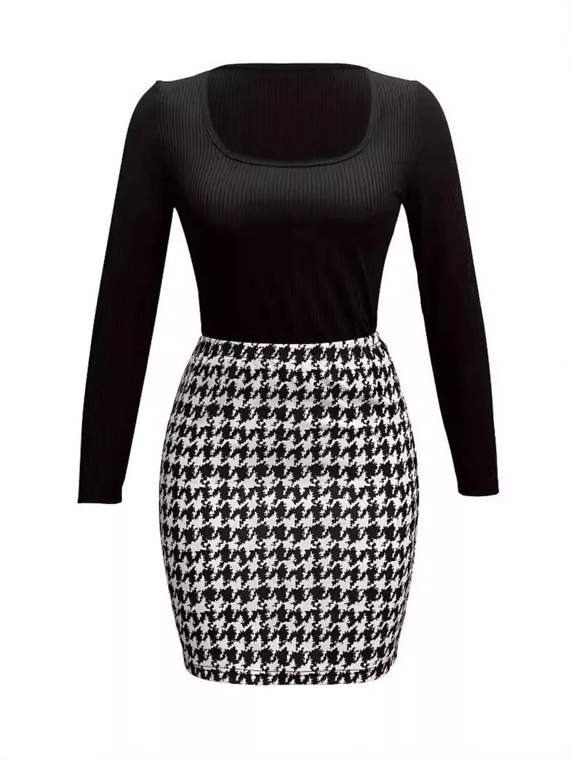 Long Sleeve Top and Houndstooth Skirt Set 4