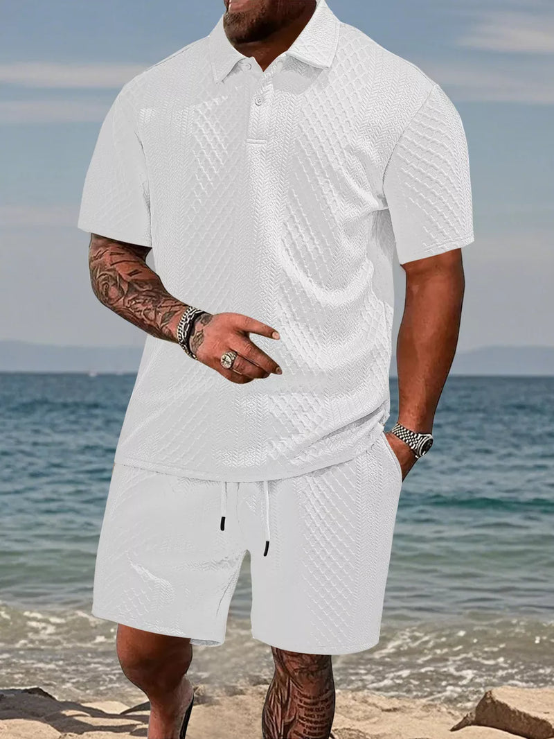 Men's Full Size Textured Knit Polo Shirt & Shorts Set Plus Size 4