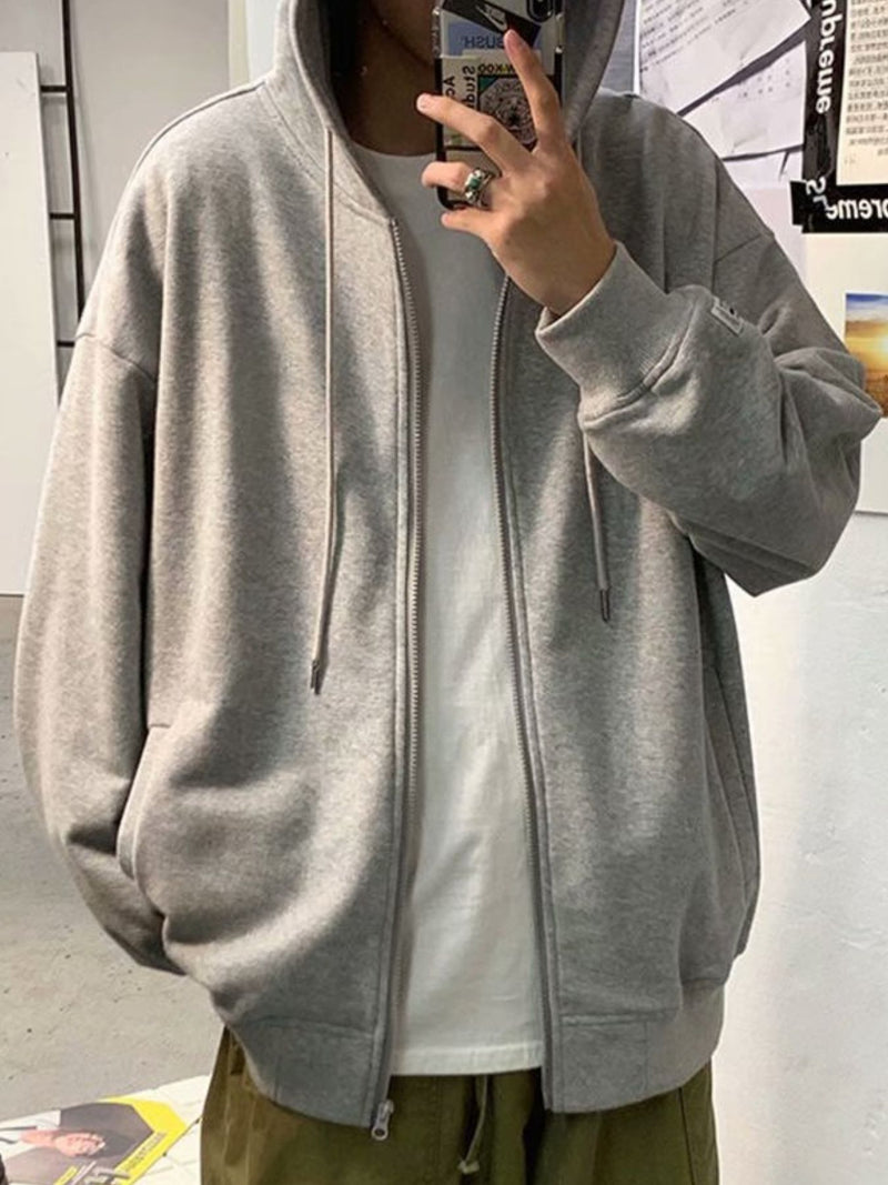 Men's Plus Size Casual Solid Color Zip-Up Hoodie Gray