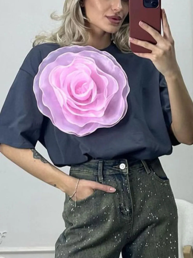 Flower Round Neck Short Sleeve T-Shirt 3