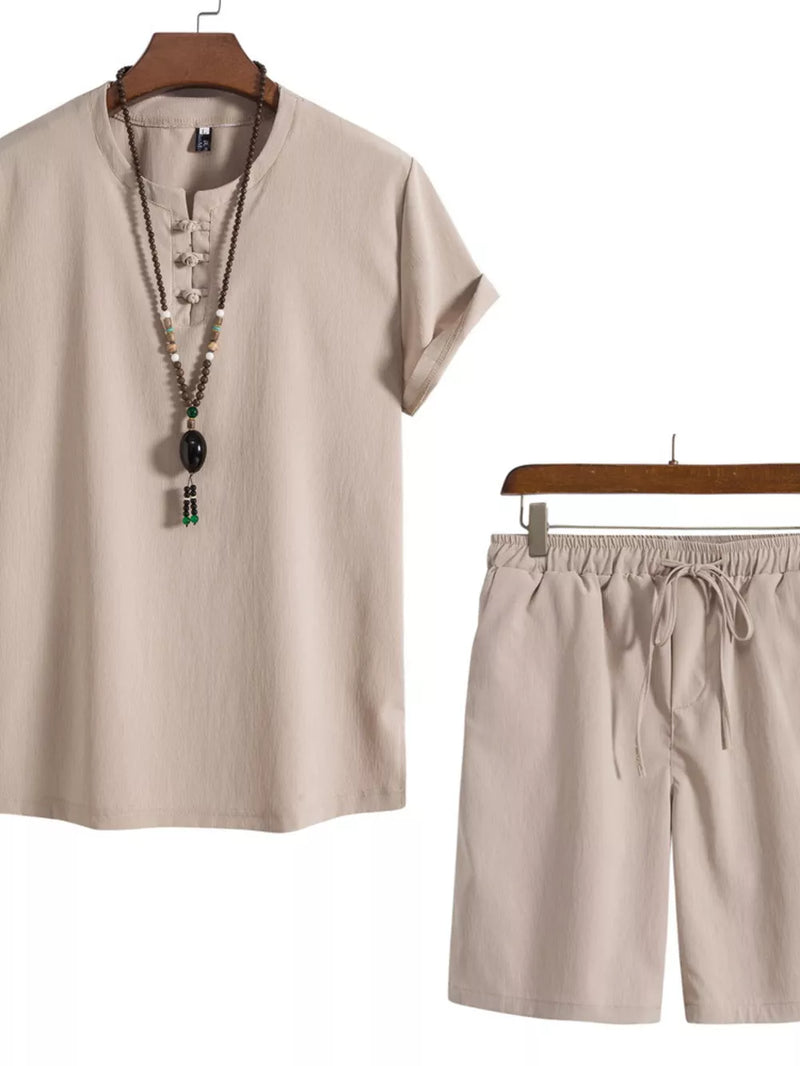Men's Plus Size Mandarin Collar Short Sleeve Shirt and Shorts Set 1