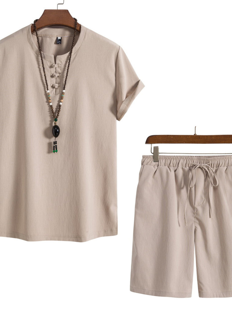 Men's Plus Size Mandarin Collar Short Sleeve Shirt and Shorts Set | Hazel & June Beige White
