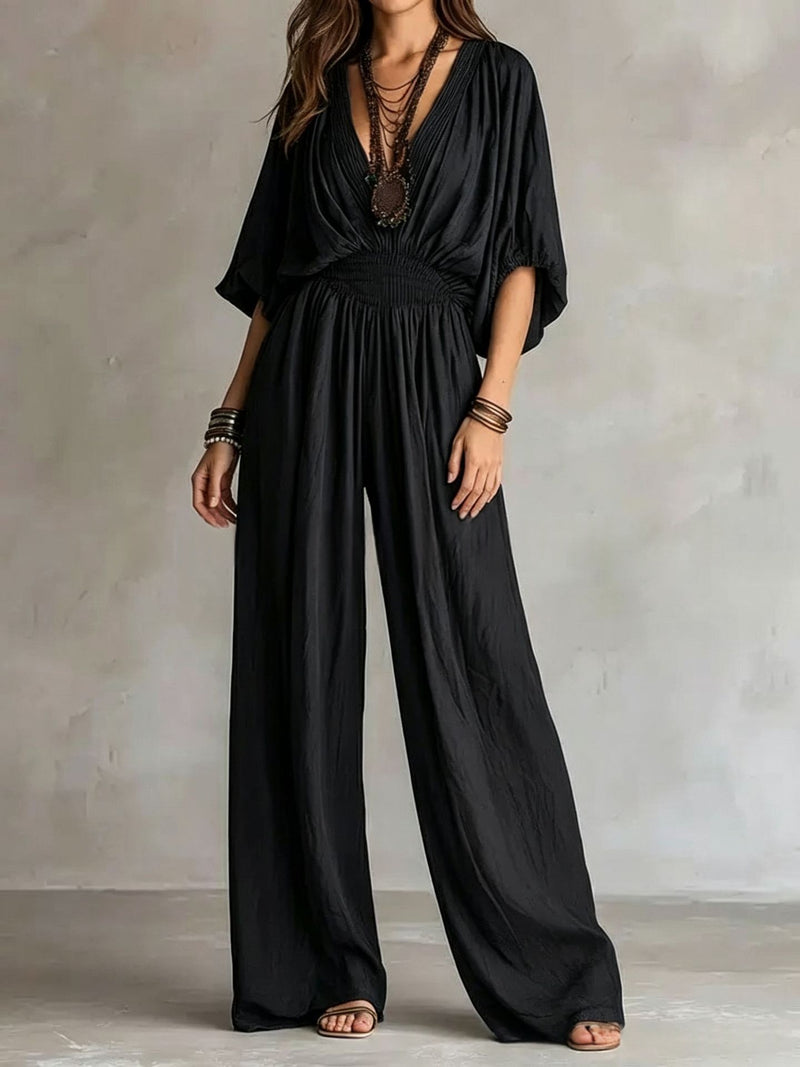 Indigo Batwing Wide-Leg Jumpsuit — Black