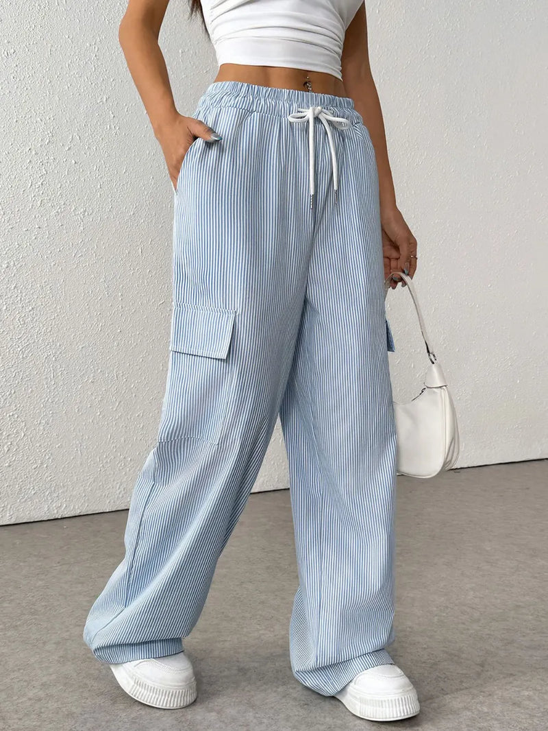 Drawstring Striped Wide Leg Cargo Pants 3