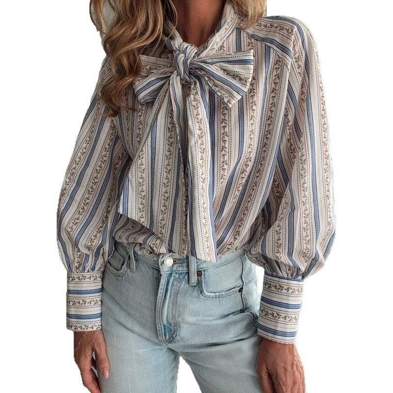 Vintage Stripe Pussy-Bow Blouse
