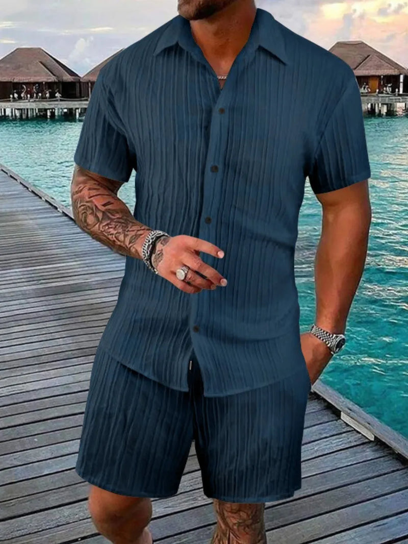 Men's Full Size Button Down Short Sleeve Shirt and Shorts Set Plus Size | Hazel & June Peacock  Blue
