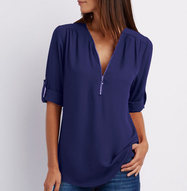 Harlow Zip V-Neck Top — Navy Blue