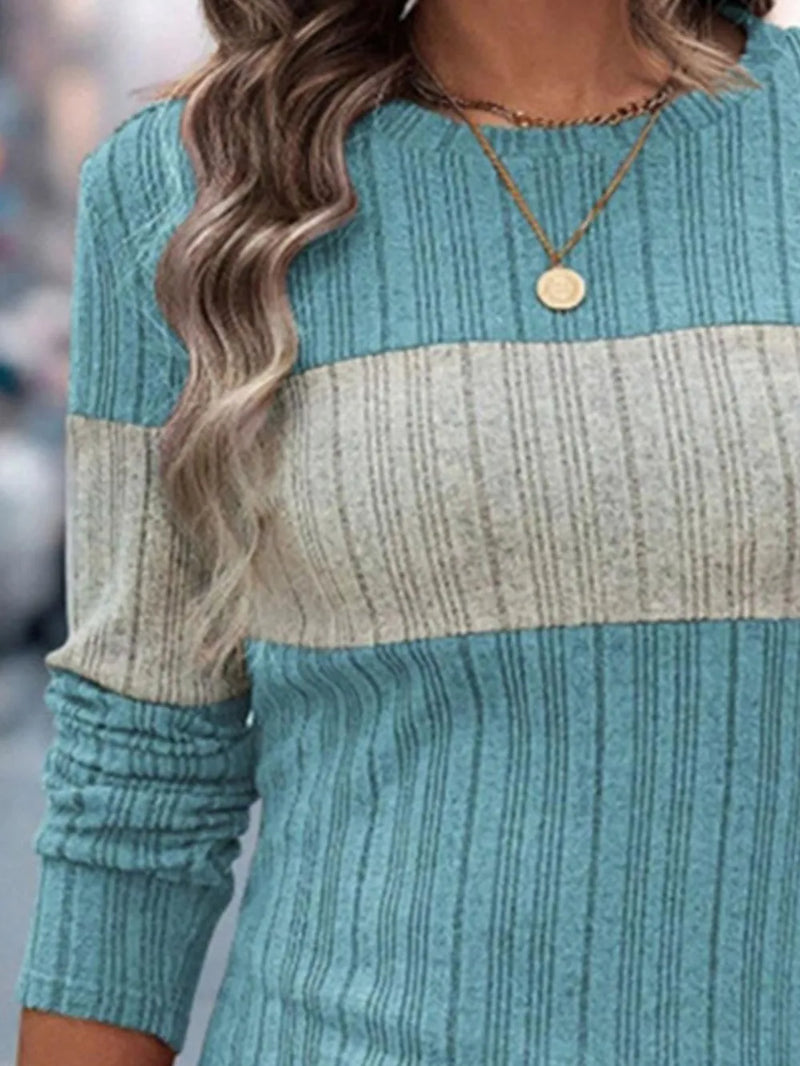 Color Block Round Neck Long Sleeve Sweater 2