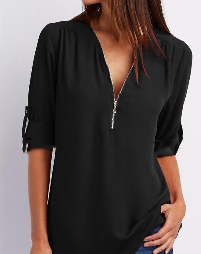 Harlow Zip V-Neck Top — black