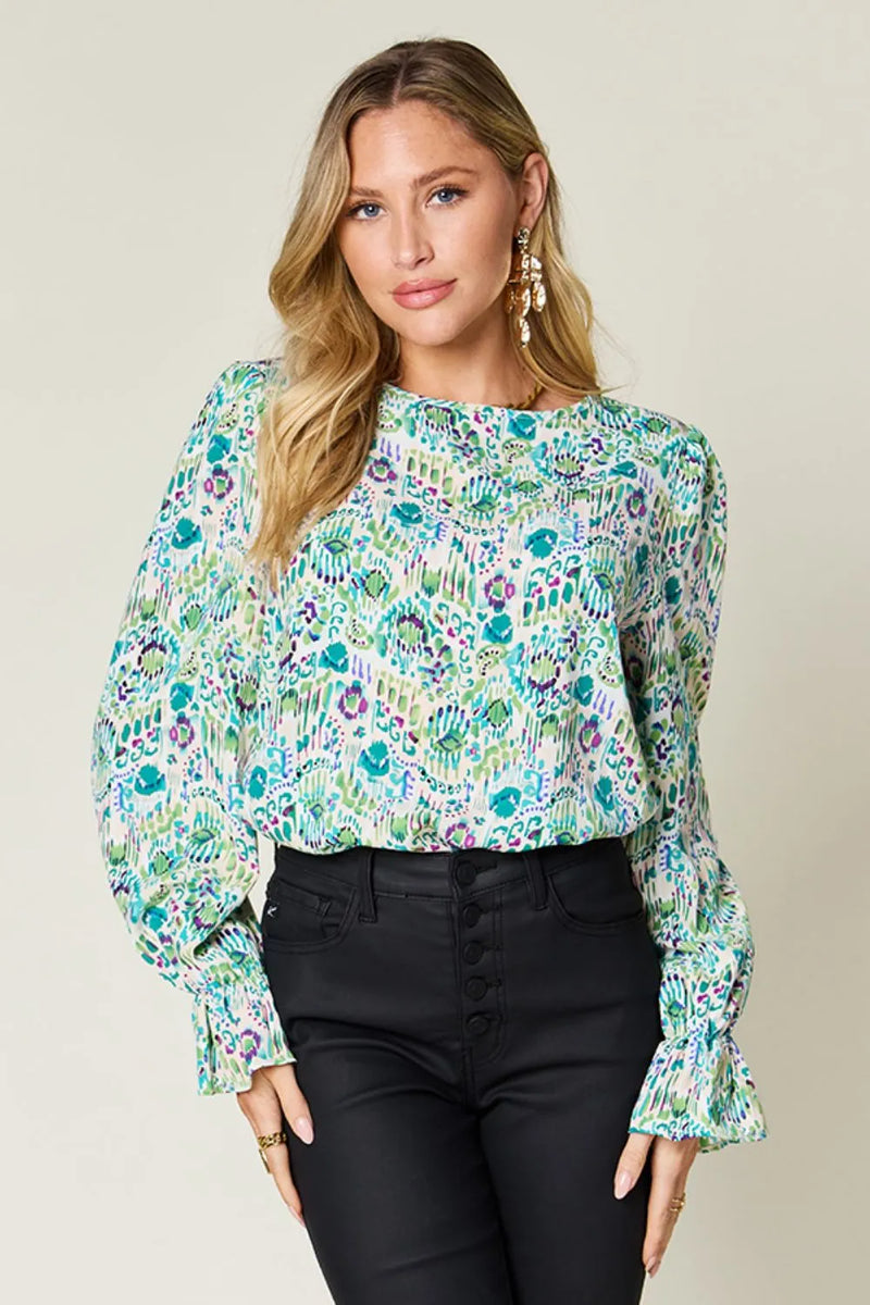 Double Take Full Size Printed Flounce Sleeve Blouse 6