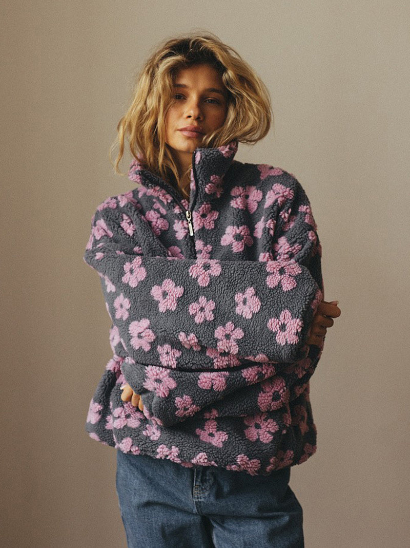 Mabel Floral Fleece Pullover — Pink